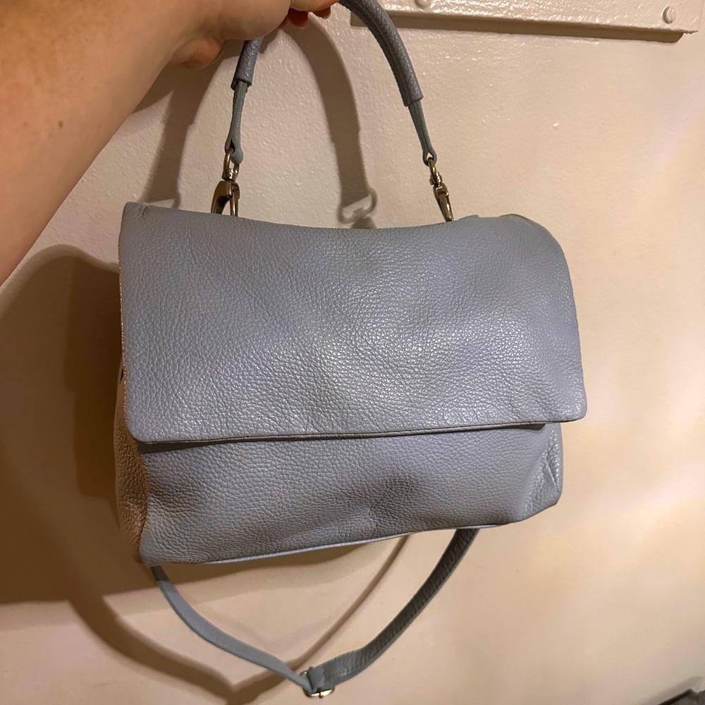 Andrea Cardone Light Blue Leather Satchel Bag with Detachable Long Strap